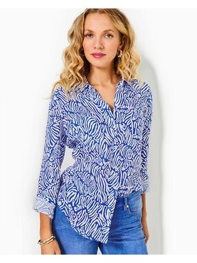 Lilly Pulitzer Women's Sea View Linen Button Down in the Martinique Blue ZeeBebe